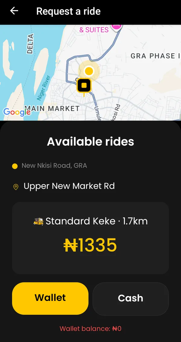 TRY rider app showing a 1.7 km Standard Keke trip in Onitsha priced at 1,335 naira, with Wallet and Cash options