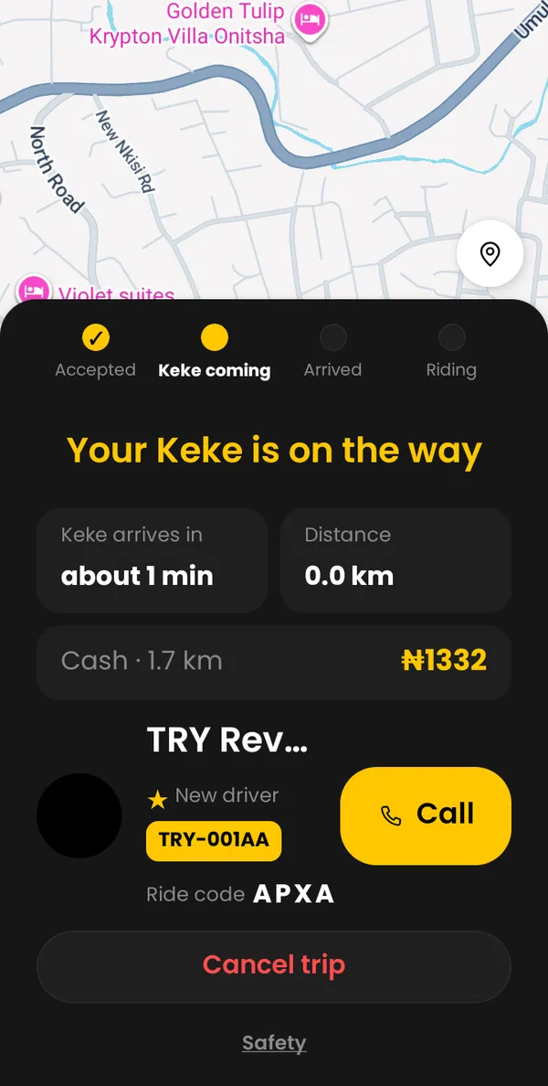 Matched screen: your Keke is on the way, about 1 minute away, with plate TRY-001AA and ride code APXA