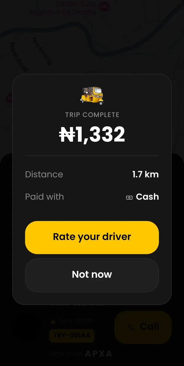 Trip complete screen: 1,332 naira for 1.7 km, paid with cash, with a button to rate your driver