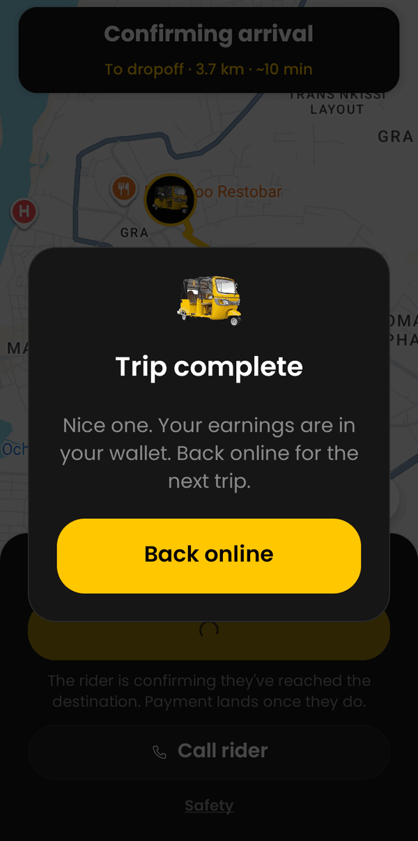 TRY driver app trip complete screen: your earnings are in your wallet